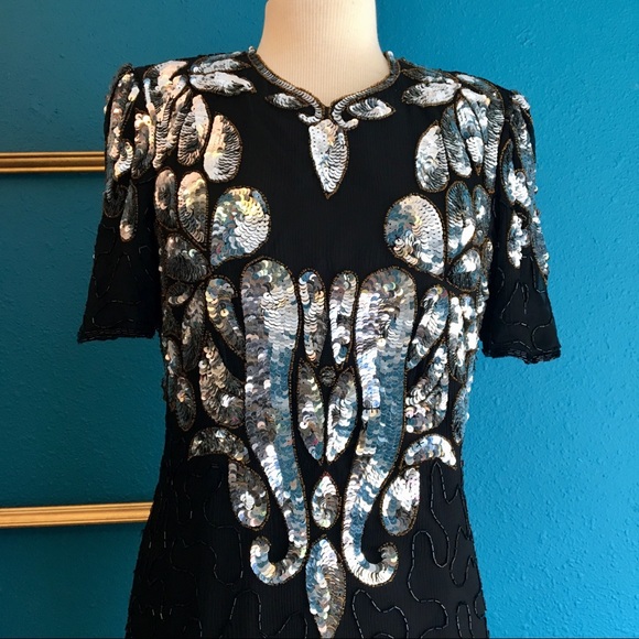 NWT Vintage 80s fully beaded sequined silk dress - Picture 3 of 12